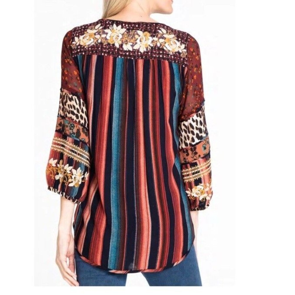 John Mark Womens Embroidered Stripe Tassel Tie Tunic Boho Floral Contrast XL - Picture 2 of 12